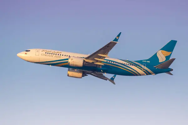 stock image Dubai, United Arab Emirates - February 16, 2024: Oman Air Boeing 737 MAX 8 airplane at Dubai Airport (DXB) in the United Arab Emirates.