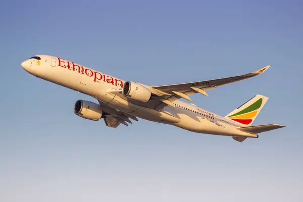 stock image Dubai, United Arab Emirates - February 17, 2024: Ethiopian Airlines Airbus A350-900 airplane at Dubai Airport (DXB) in the United Arab Emirates.