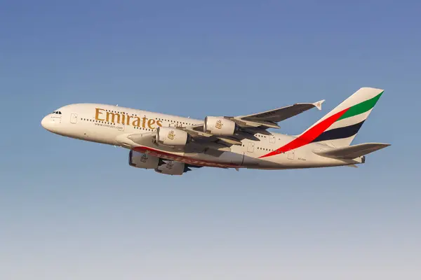 stock image Dubai, United Arab Emirates - February 17, 2024: Emirates Airbus A380-800 airplane at Dubai Airport (DXB) in the United Arab Emirates.