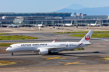 Tokyo, Japan - October 6, 2023: JAL Japan Airlines Airbus A350-900 airplane at Tokyo Haneda Airport (HND) in Japan. clipart