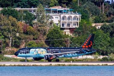 Corfu, Greece - June 6, 2024: Brussels Airlines Airbus A320 airplane with Tintin special livery at Corfu Airport (CFU) in Greece. clipart