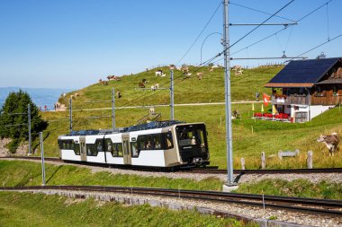 Passenger railway train type Stadler Flirt of Sudostbahn at Grosser Mythen mountain in the Swiss Alps in Arth, Switzerland clipart