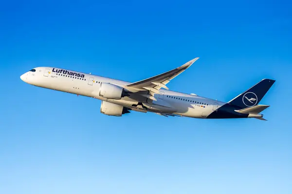 stock image Munich, Germany - February 6, 2024: Lufthansa Airbus A350-900 airplane at Munich Airport (MUC) in Germany.