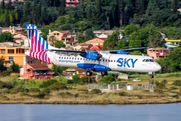 stock image Corfu, Greece - June 6, 2024: Sky Express ATR 72-200 airplane at Corfu Airport (CFU) in Greece.