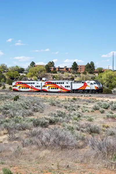 stock image Santa Fe, United States - May 8, 2023: New Mexico Rail Runner Express commuter train railways portrait format in Santa Fe, United States.