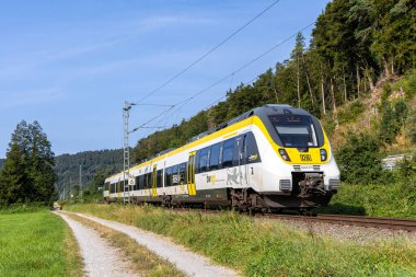 Sulz, Almanya - 23 Ağustos 2024: Almanya 'nın Sulz kentindeki Gaeubahn demiryolu hattında Deutsche Bahn DB Regio tipi Bombardıman Yeteneği 2 treni.