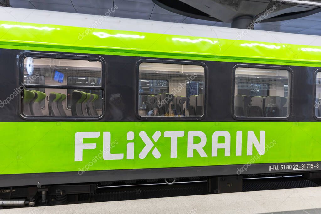 Berlin, Germany - September 22, 2024: Flixtrain long-distance railway passenger train of Flix at main station in Berlin, Germany.