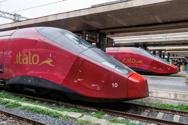 Roma, İtalya - 7 Mart 2025: Roma, İtalya 'daki Roma Terminali' nde Nuovo Trasporto Viaggiatori NTV 'nin yüksek hızlı trenleri.