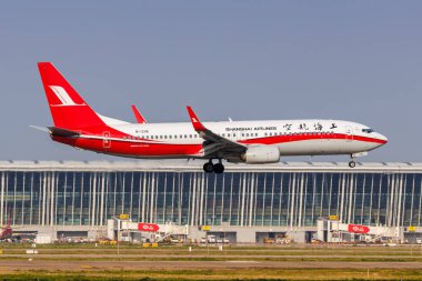 Şangay, Çin - 10 Nisan 2024: Şangay Havayolları Boeing 737-800 uçağı Çin 'deki Şangay Pudong Havalimanı' nda.