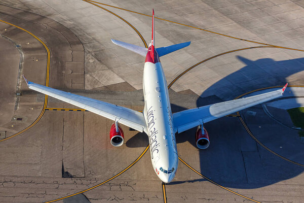 Orlando, United States - October 17, 2024: Aerial view photo of Virgin Atlantic Airbus A330-300 airplane at Orlando Airport, United States.