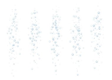 Su altında köpüren kabarcıklar, gazoz veya şampanya karbonatlı içecek, beyaz arka planda izole edilmiş maden suyu. Fışkırtıcı bir içecek. Akvaryum, deniz, okyanus kabarcıkları vektör illüstrasyonu.