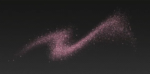 Pembe parıltı sıçraması, parlak yıldız tozu patlaması, ışıltılı sprey etkisi, karanlık arka planda izole edilmiş tatil partikülleri. Vektör illüstrasyonu.