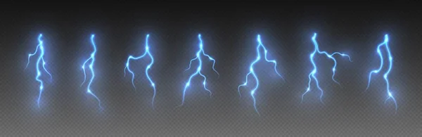 雷暴闪电 雷电冲击 现实的电拉链 能量闪光效果 蓝色闪电隔离黑暗背景 矢量说明 — 图库矢量图片