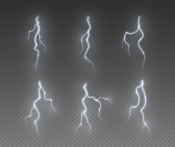 雷雨の雷 現実的な電気ジッパー エネルギーフラッシュライト効果 暗い背景に隔離された白い稲妻 ベクターイラスト — ストックベクタ