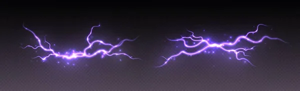 雷雨の雷 輝きを持つ落雷 現実的な電気ジッパー エネルギーフラッシュ光効果 暗い背景に隔離された紫色の稲妻 ベクターイラスト — ストックベクタ