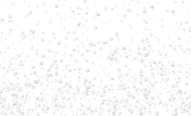 Su altında köpüren kabarcıklar, gazoz veya şampanya karbonatlı içecek, beyaz arka planda izole edilmiş maden suyu. Fışkırtıcı bir içecek. Akvaryum, deniz, okyanus kabarcıkları vektör illüstrasyonu.