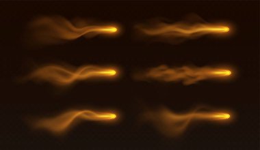 Sihirli ateş okları efekti, turuncu renkli sisli ışık izleri, gerçekçi cadı büyüsü patlaması. Vektör illüstrasyonu.
