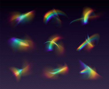 Crystal refraction overlay, leak flare, rainbow sunlight effect, holographic reflections isolated on a black background. Blurred optical rays, vintage camera glares. Vector illustration. clipart