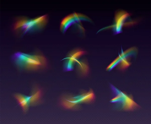 クリスタル屈折オーバーレイ リークフレア 虹色の太陽光効果 黒の背景に隔離されたホログラフィック反射 ぼやけた光線 ヴィンテージカメラのグレア ベクターイラスト — ストックベクタ