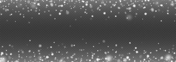 Падение снега в движении изолировано на темном фоне. Белые размытые снежинки, летящие в воздухе. Рождественское украшение. Векторная иллюстрация.