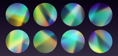 Kristal kırılma etiketleri, sızıntı fişekleri, gökkuşağı güneş ışığı efekti, daire şeklinde holografik yansımalar. Bulanık optik ışınlar, klasik kamera parıltıları. Vektör illüstrasyonu.