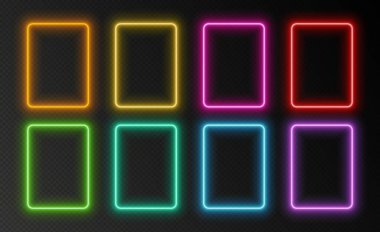 Neon rectangular frames, glowing borders set, colorful futuristic UI design elements. Vibrant geometric shapes, modern signs collection. Bright social media templates. Vector illustration.