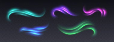 Kuzey ışıkları etkisi, Aurora Borealis örtüsü, renkli hareket efekti. Hızın ışıltılı ışıkları. Parlak kıvrımlar ve girdaplar. Soyut aydınlatma eğrileri. Vektör illüstrasyonu.