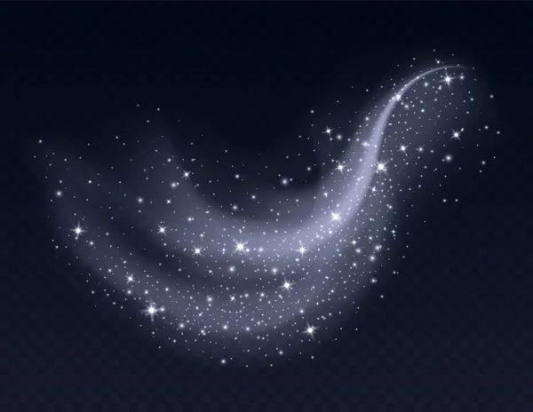 Koyu arkaplanda parıltıları olan gümüş toz bulutu. Stardust 'ın parlak arka planı. Parlayan dumanlar ya da sıçramalar. Vektör çizimi. Noel süslemesi.