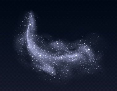 Koyu arkaplanda parıltıları olan gümüş toz bulutu. Stardust 'ın parlak arka planı. Parlayan dumanlar ya da sıçramalar. Vektör çizimi. Noel süslemesi.