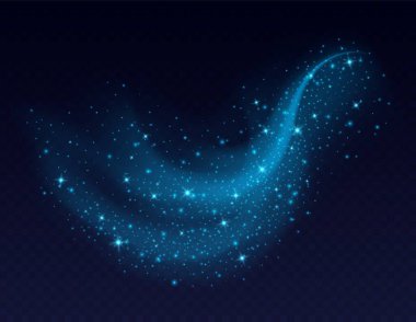 Koyu arkaplanda parlayan mavi toz bulutu. Stardust 'ın parlak arka planı. Parlayan dumanlar ya da sıçramalar. Vektör çizimi. Noel süslemesi.