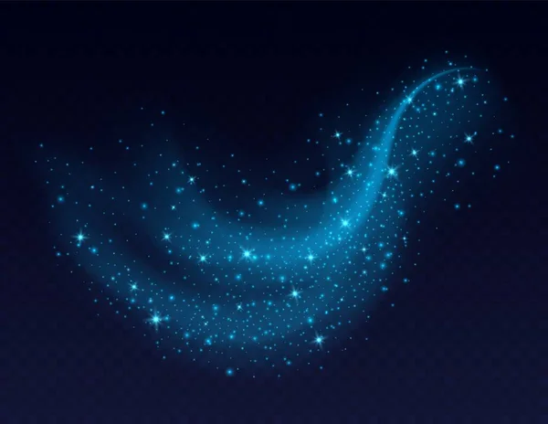 Koyu arkaplanda parlayan mavi toz bulutu. Stardust 'ın parlak arka planı. Parlayan dumanlar ya da sıçramalar. Vektör çizimi. Noel süslemesi.