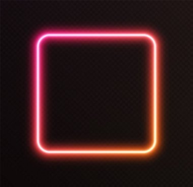 Gradyan neon karesi, pembe-turuncu parlayan sınır koyu bir arka planda izole edilmiş. Renkli gece afişi, vektör ışığı etkisi. Parlak aydınlatma şekli.
