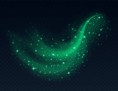 Koyu arkaplanda parlayan yeşil toz bulutu. Stardust 'ın parlak arka planı. Parlayan dumanlar ya da sıçramalar. Vektör çizimi. Noel ya da Cadılar Bayramı dekorasyonu.