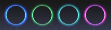 Neon parlayan daire çerçeveleri, gelecekteki renkli halkalar, modern vektör sınırları. Dinamik teknoloji tasarım elementleri.