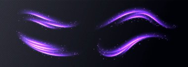 Mor hız çizgileri, hareket halindeki ışık, parıltılı ışık çizgileri. Parlak hareket efekti, parlak girdaplar. Vektör dekorasyonu.