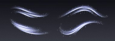 Hava akışı etkisi, kış dondurucu girdaplar, parlayan ışık yolları, karlı soğuk rüzgar. Buzlu buhar tabakası. Parlak kıvrımlar ve yıldızlarla kıvrımlar. Soyut aydınlatma eğrileri. Noel vektör dekorasyonu.