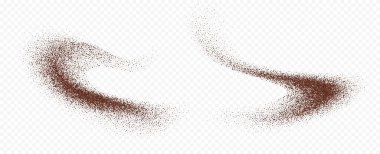 Uçan kahve ya da çikolata tozu, hareket halindeki toz parçacıkları, hafif arka planda izole edilmiş toprak sıçraması. Vektör illüstrasyonu.