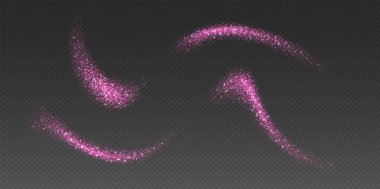 Pembe parıltı sıçramaları, parlak yıldız tozu patlaması, ışıltılı sprey etkisi, karanlık bir arka planda izole edilmiş tatil partikülleri. Vektör illüstrasyonu.