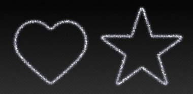 Gümüş parıltılı çerçeveler, kalp ve yıldız şekillerinde parıldayan sınırlar, bayram ışıltıları. Noel süsü. Vektör illüstrasyonu.