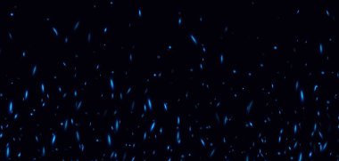 Mavi ateş kıvılcımları, soyut parlayan közler, ısı parıltıları, uçan alev külleri, bokeh ateş dokusu. Vektör illüstrasyonu.