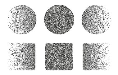 Nokta işi soyut şekiller, siyah tahıl dokusunda daire ve kare, benek kum etkisi, noktalardan gradyan şekiller. Vektör illüstrasyonu.