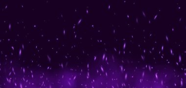 Mor kıvılcımlı alev, uçan kül ile ateş soyut parlayan közler, ısı parıltıları, bokeh ateş dokusu. Vektör illüstrasyonu.