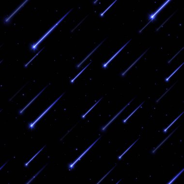Kusursuz meteor yağmuru, kayan yıldızlar. Gökyüzünden süzülen parlak ışıklar. Alevli kuyruklu yıldızlarla dinamik uzay arkaplanı