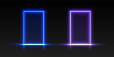 Neon kapılar, mavi ve mor parlak kapılar, fütürist kapılar, sihirli LED çerçeveler. Vektör illüstrasyonu.