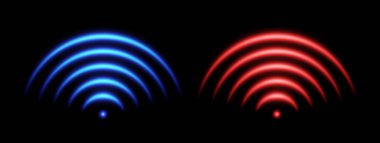 Wi-Fi ya da tarayıcı ışık efekti, kırmızı ve mavi parlayan sonik dalgalar, iyi ya da kötü sinyal konsepti. Neon sinyal simgesi yok. Kablosuz ağ simgeleri.