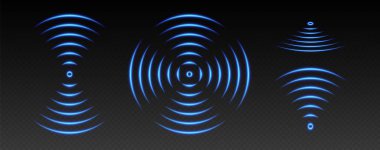 Wi-Fi ışık efekti, ses dalgası ikonları, radar sinyal konsepti. Mavi kablosuz ağ parlayan elementleri, neon yankı ya da tarama efekti. Vektör illüstrasyonu.