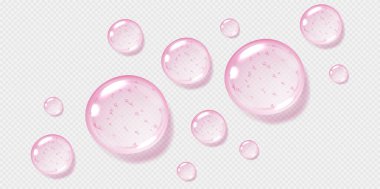 Pembe serum damlaları, şeffaf jel damlacıkları, gerçekçi parlak sıvı, nemlendirici kozmetik ürün, hyaluronik asit konsepti. Vektör illüstrasyonu.