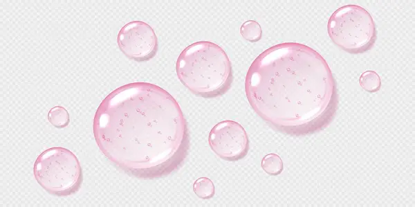Pembe serum damlaları, şeffaf jel damlacıkları, gerçekçi parlak sıvı, nemlendirici kozmetik ürün, hyaluronik asit konsepti. Vektör illüstrasyonu.