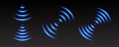 Wi-Fi ışık efekti, ses dalgası ikonları, radar sinyal konsepti. Mavi kablosuz ağ parlayan elementleri, neon yankı ya da tarama efekti. Vektör illüstrasyonu.
