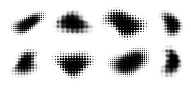 Soyut yarım ton figürleri, gradyan nokta dokusu, dairesel sprey etkisi, grafiksel retro şekiller. Vektör illüstrasyonu.
